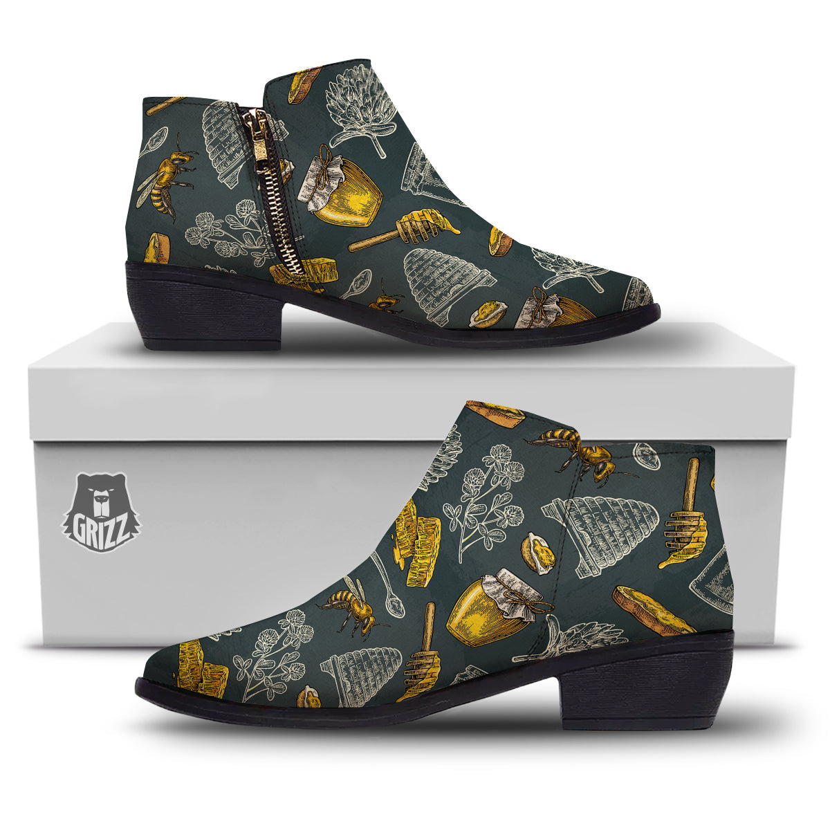 Bee Honey Vintage Print Pattern Ankle Boots-grizzshop