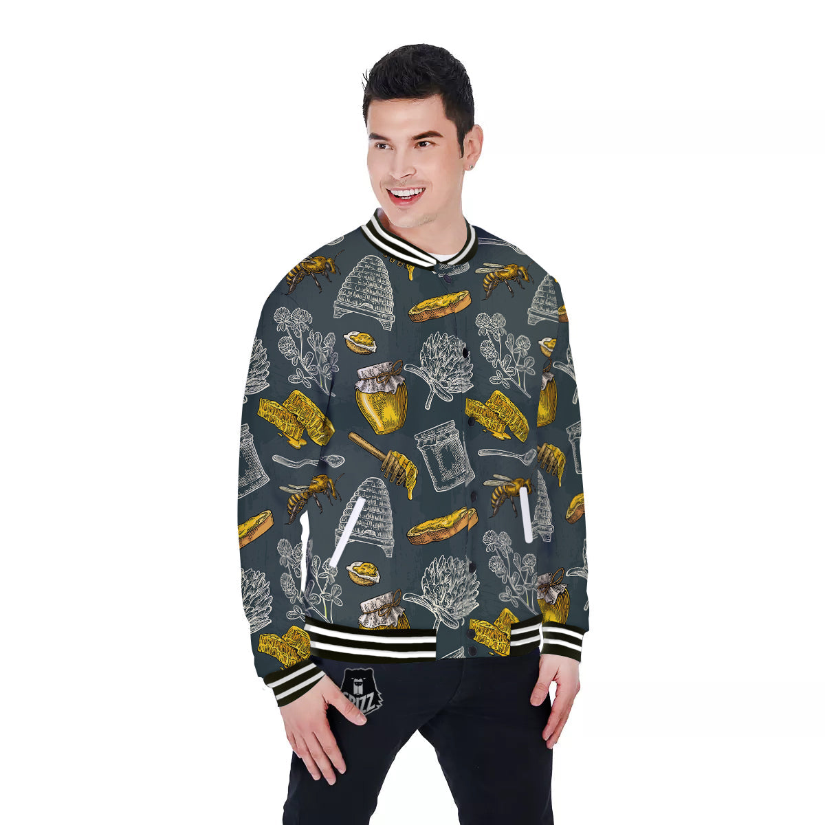 Bee Honey Vintage Print Pattern Baseball Jacket-grizzshop