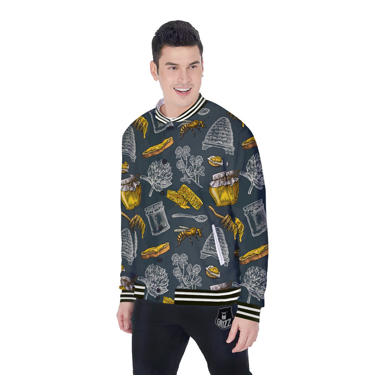 Bee Honey Vintage Print Pattern Baseball Jacket-grizzshop
