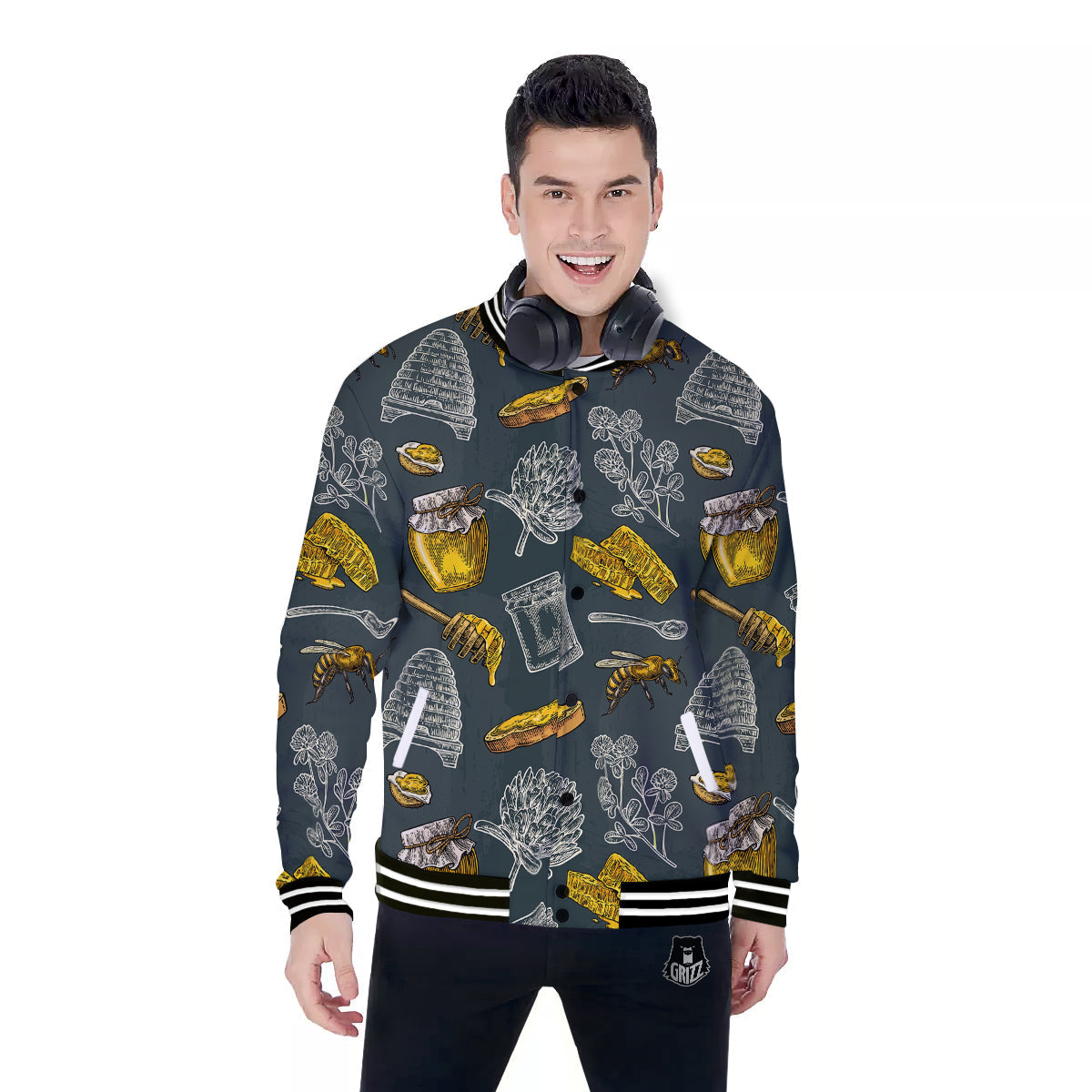 Bee Honey Vintage Print Pattern Baseball Jacket-grizzshop