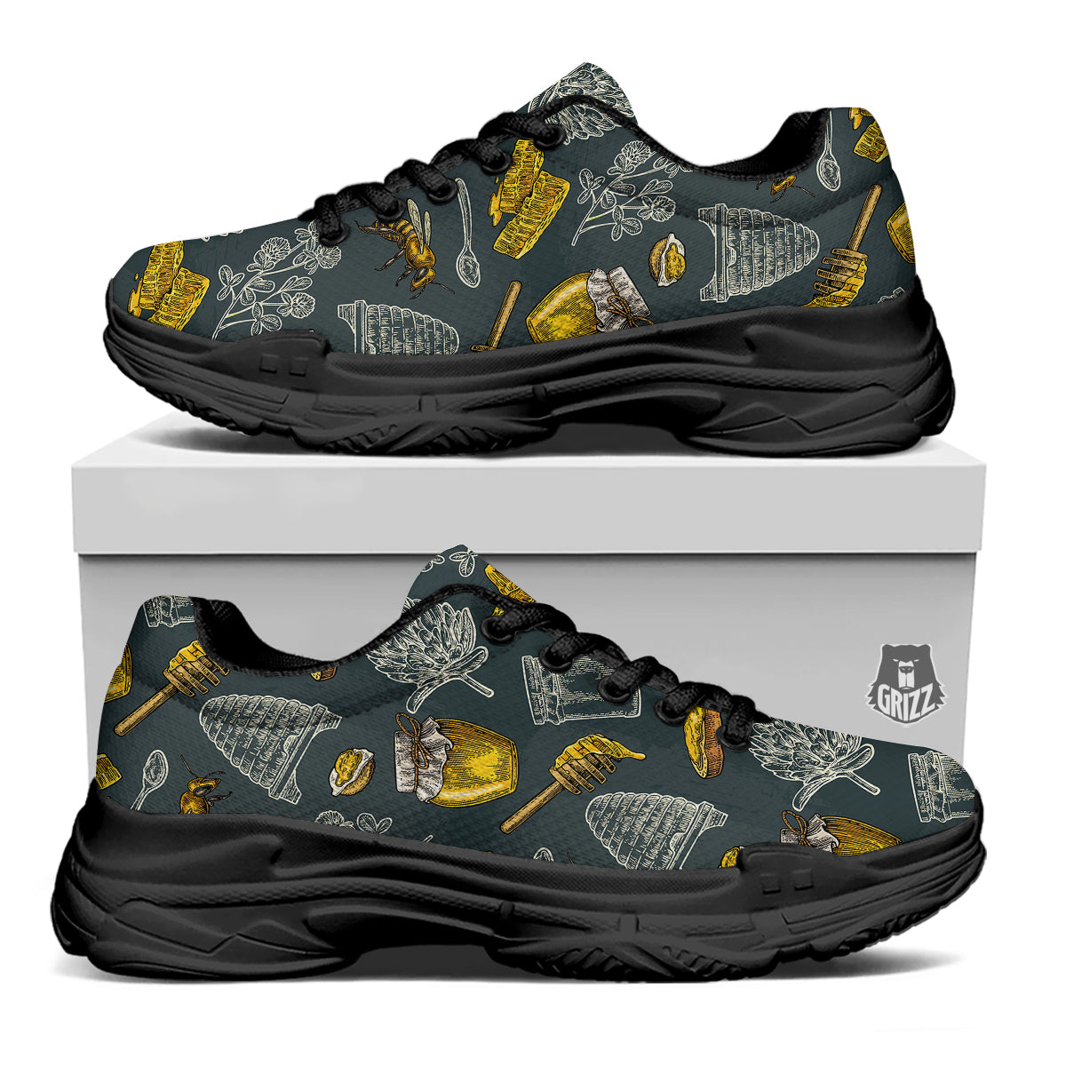Bee Honey Vintage Print Pattern Black Chunky Shoes-grizzshop