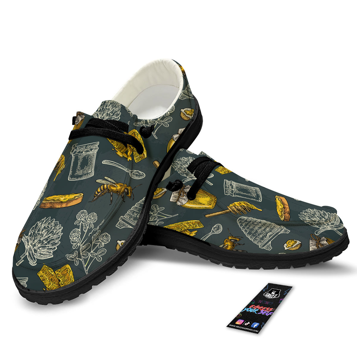 Bee Honey Vintage Print Pattern Black Loafers-grizzshop