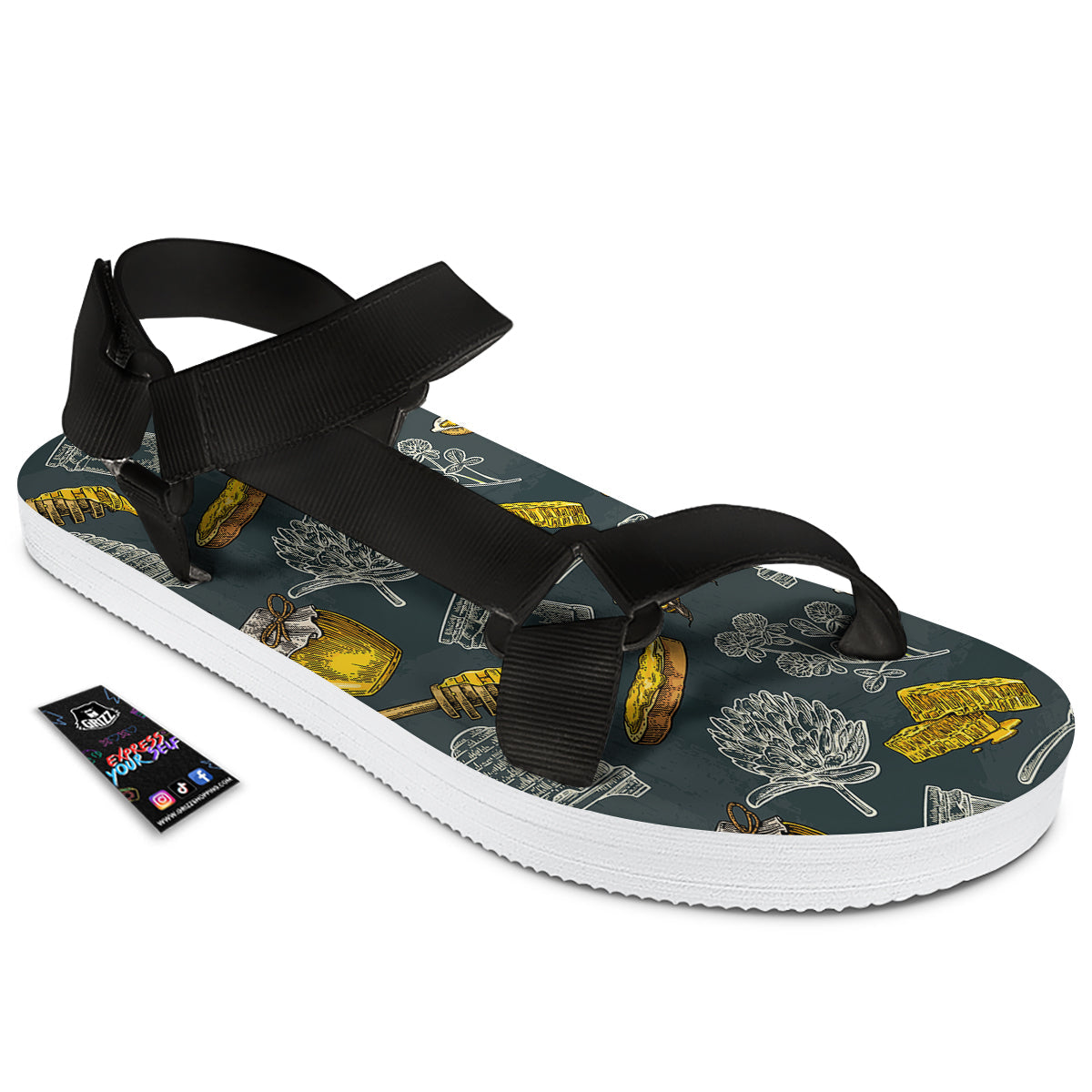 Bee Honey Vintage Print Pattern Black Open Toe Sandals-grizzshop