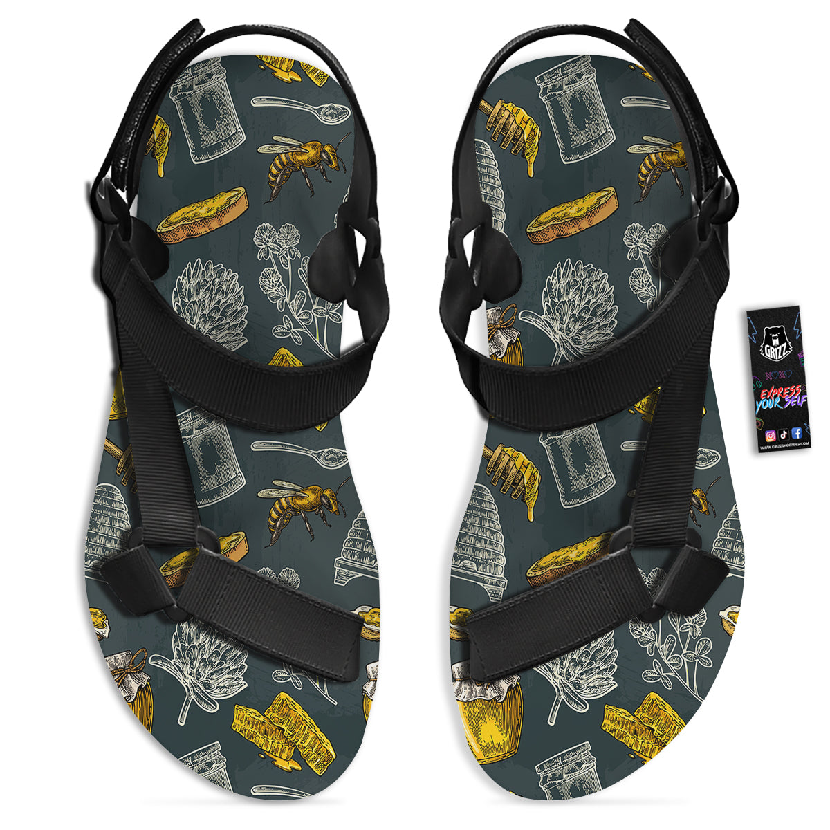 Bee Honey Vintage Print Pattern Black Open Toe Sandals-grizzshop
