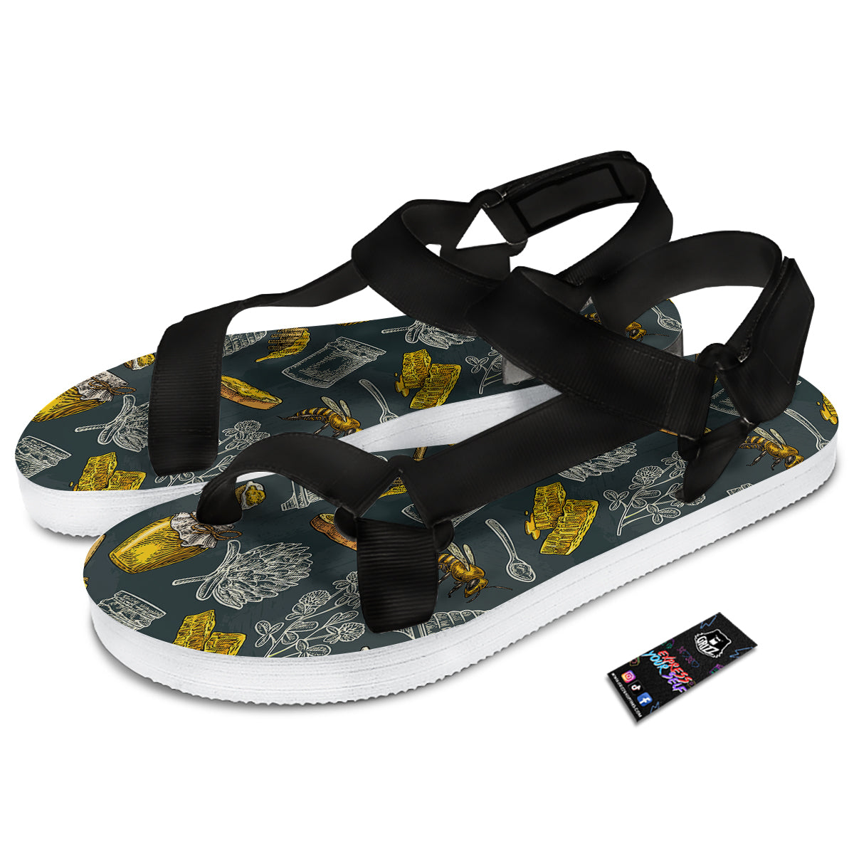 Bee Honey Vintage Print Pattern Black Open Toe Sandals-grizzshop