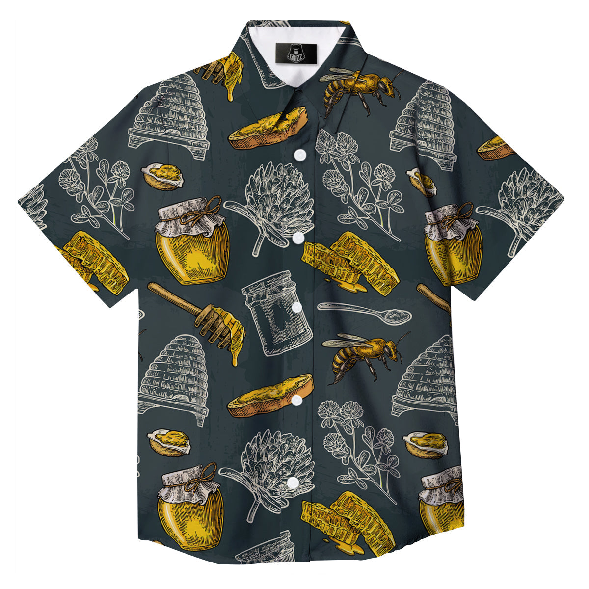 Bee Honey Vintage Print Pattern Button Up Shirt-grizzshop