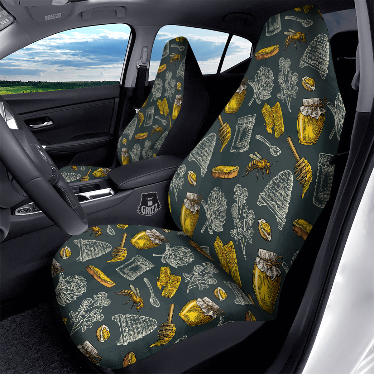 Bee Honey Vintage Print Pattern Car Seat Covers-grizzshop