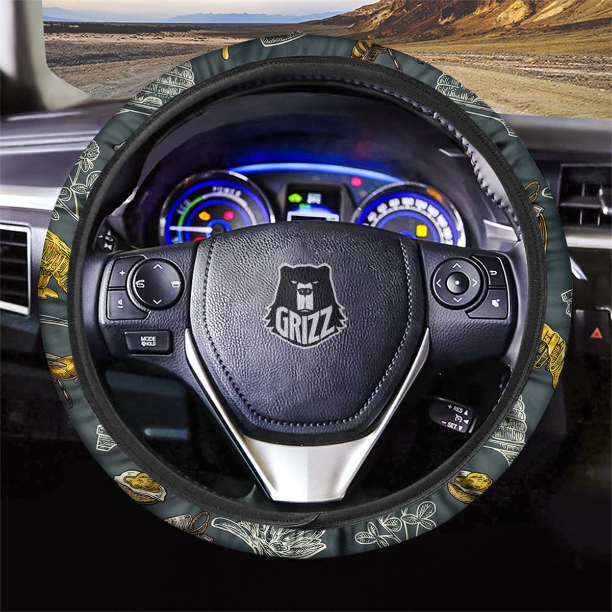 Bee Honey Vintage Print Pattern Car Steering Wheel Cover-grizzshop