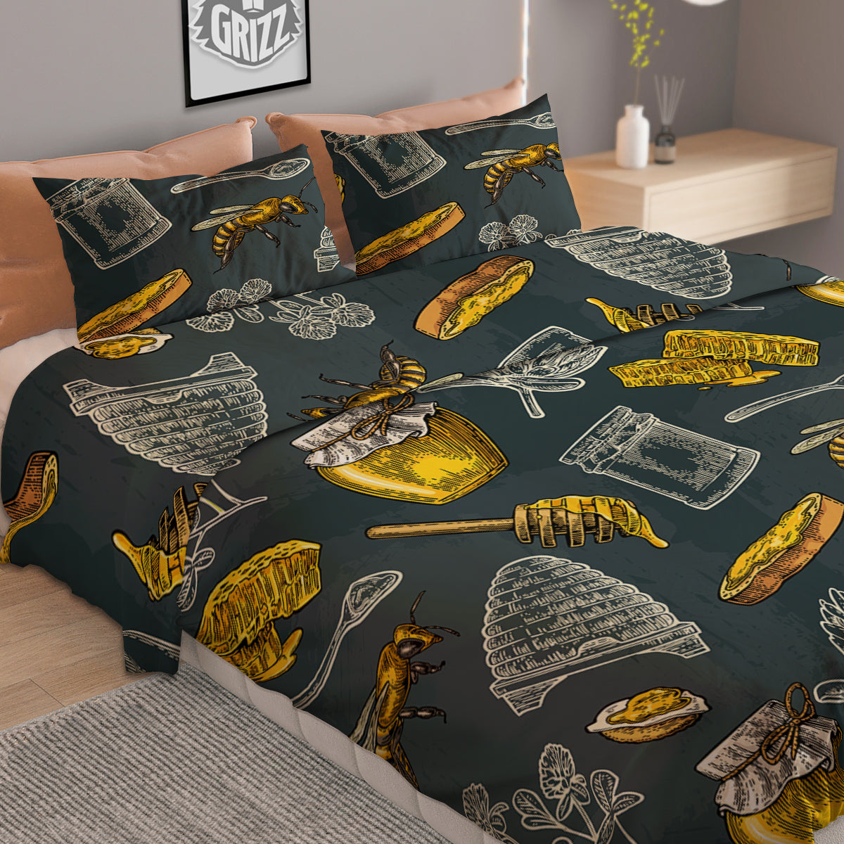 Bee Honey Vintage Print Pattern Duvet Cover Bedding Set