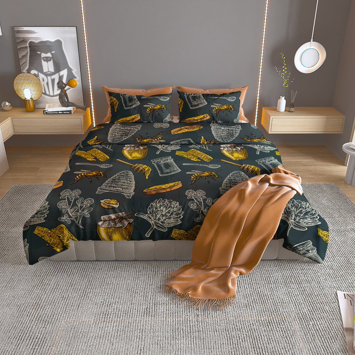 Bee Honey Vintage Print Pattern Duvet Cover Bedding Set