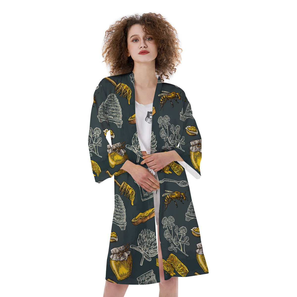 Bee Honey Vintage Print Pattern Kimono-grizzshop