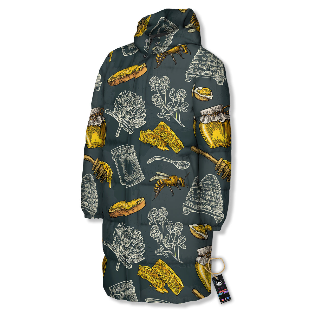 Bee Honey Vintage Print Pattern Long Down Jacket-grizzshop