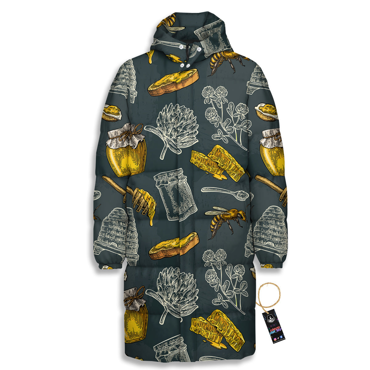 Bee Honey Vintage Print Pattern Long Down Jacket-grizzshop
