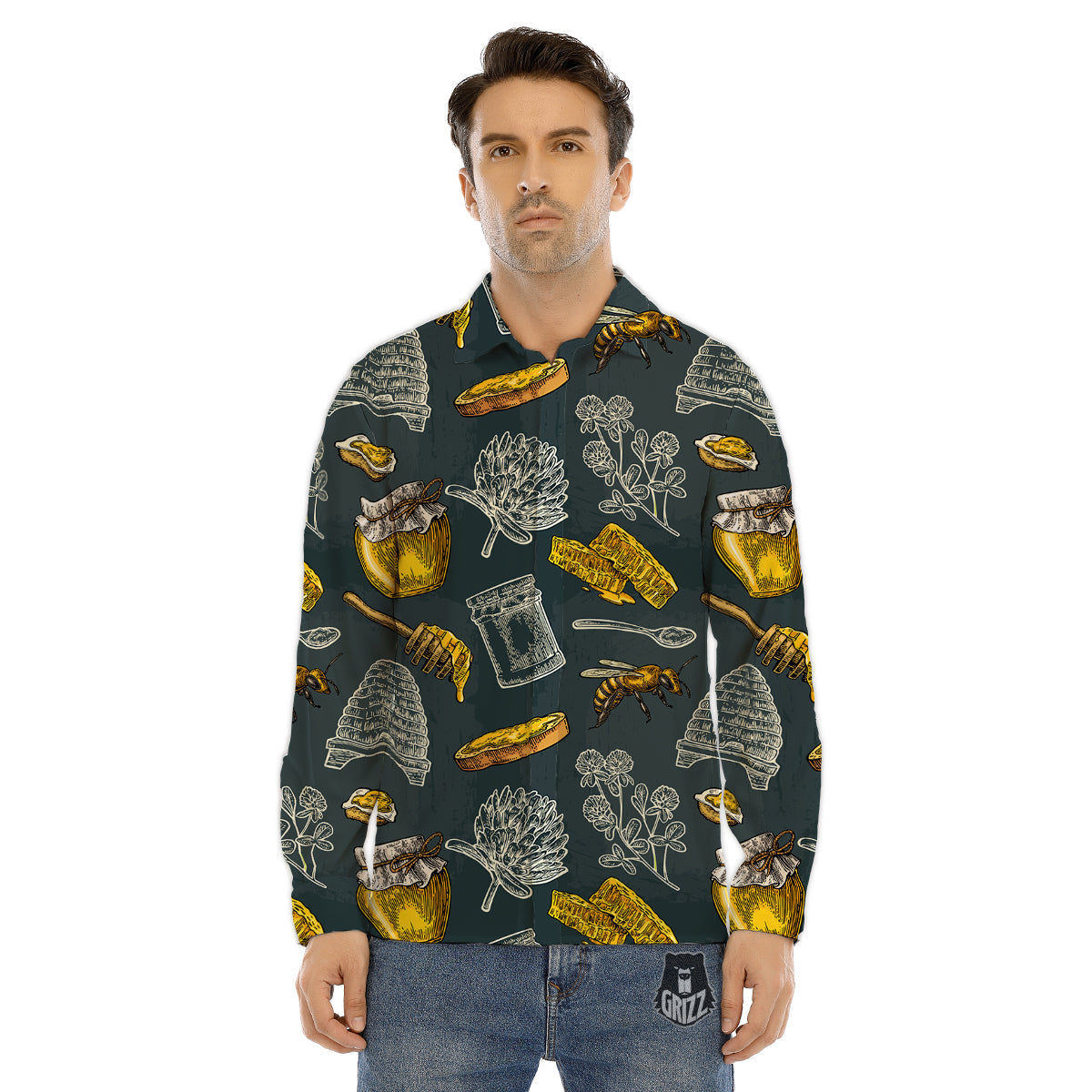 Bee Honey Vintage Print Pattern Men's Dress Shirts-grizzshop