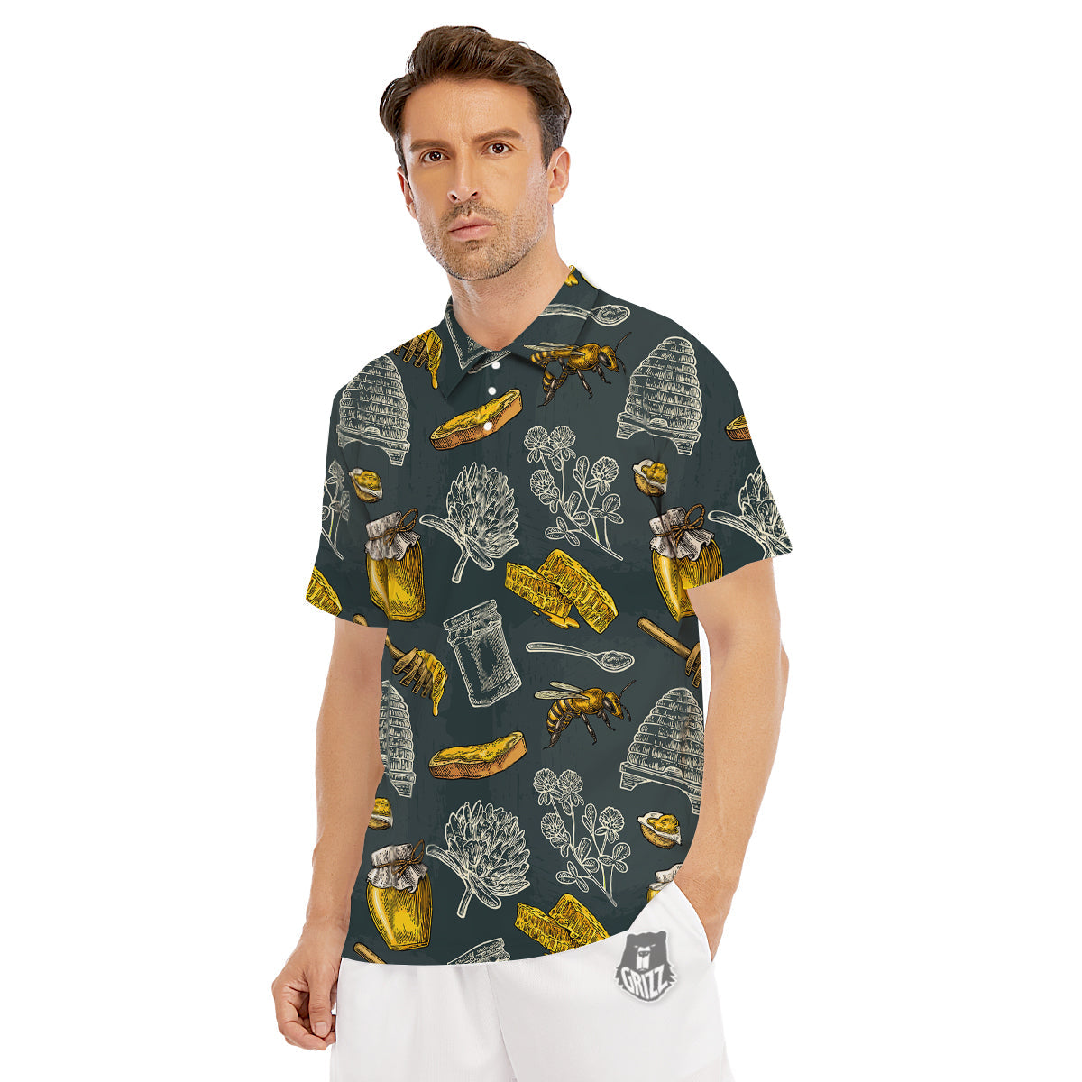 Bee Honey Vintage Print Pattern Men's Golf Shirts-grizzshop