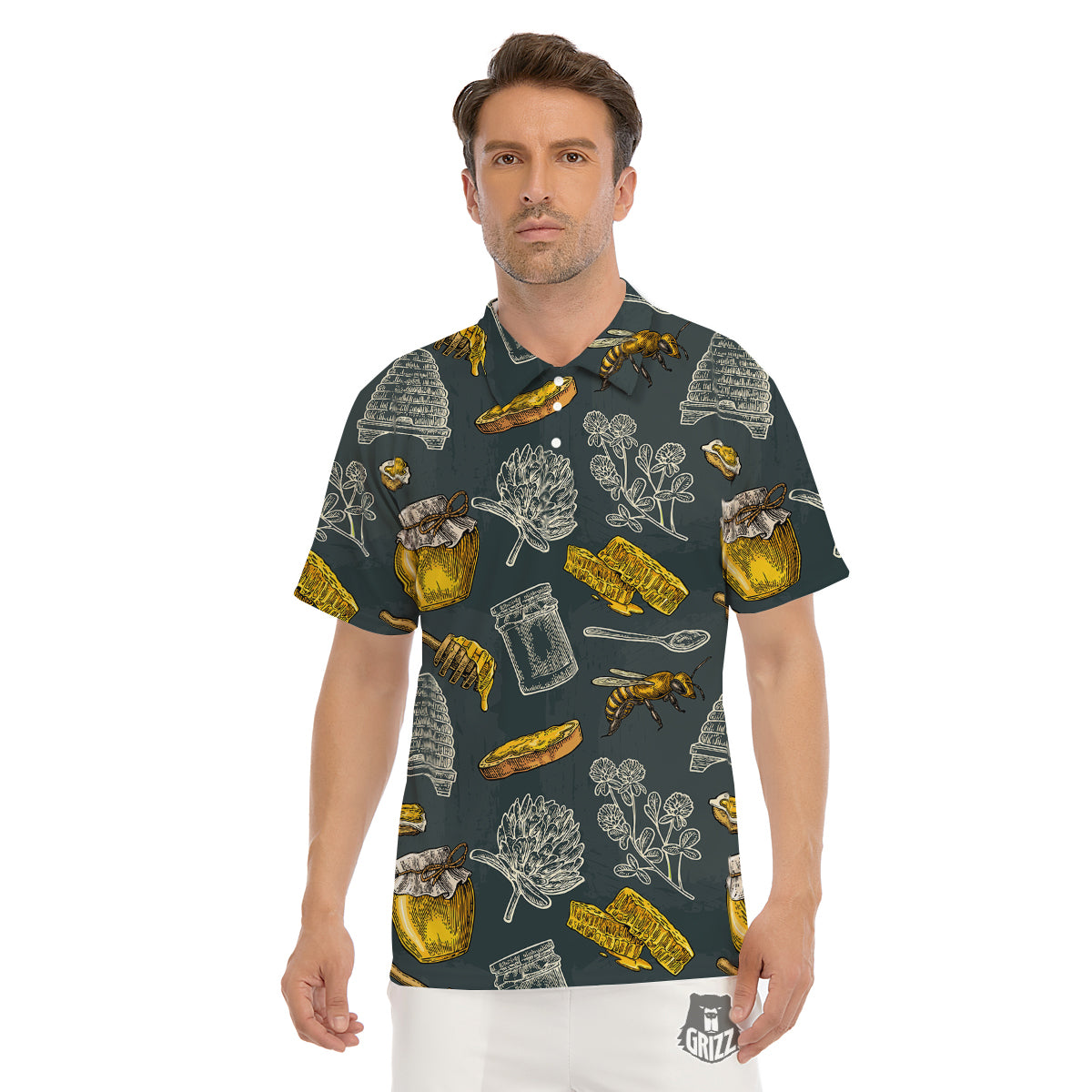 Bee Honey Vintage Print Pattern Men's Golf Shirts-grizzshop