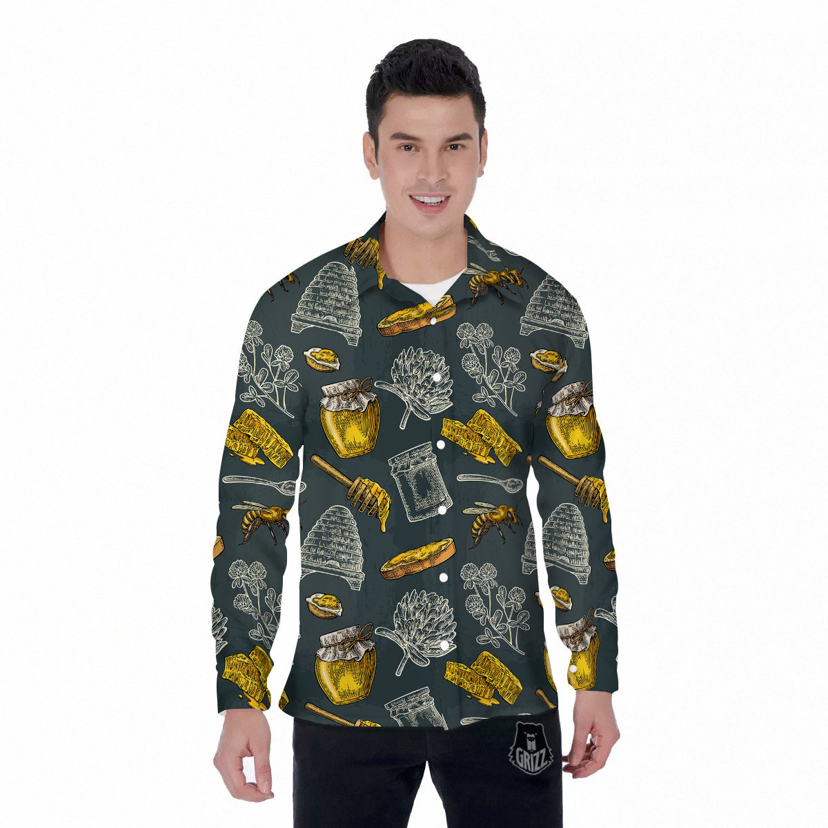 Bee Honey Vintage Print Pattern Men's Long Sleeve Shirts-grizzshop