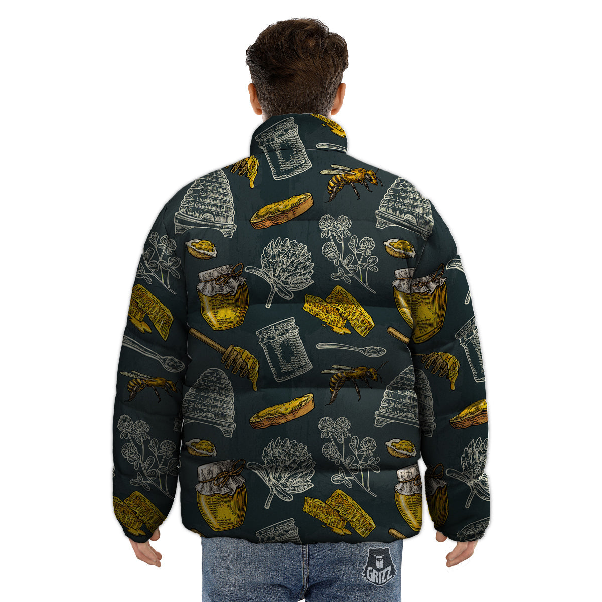 Bee Honey Vintage Print Pattern Puffer Jacket-grizzshop