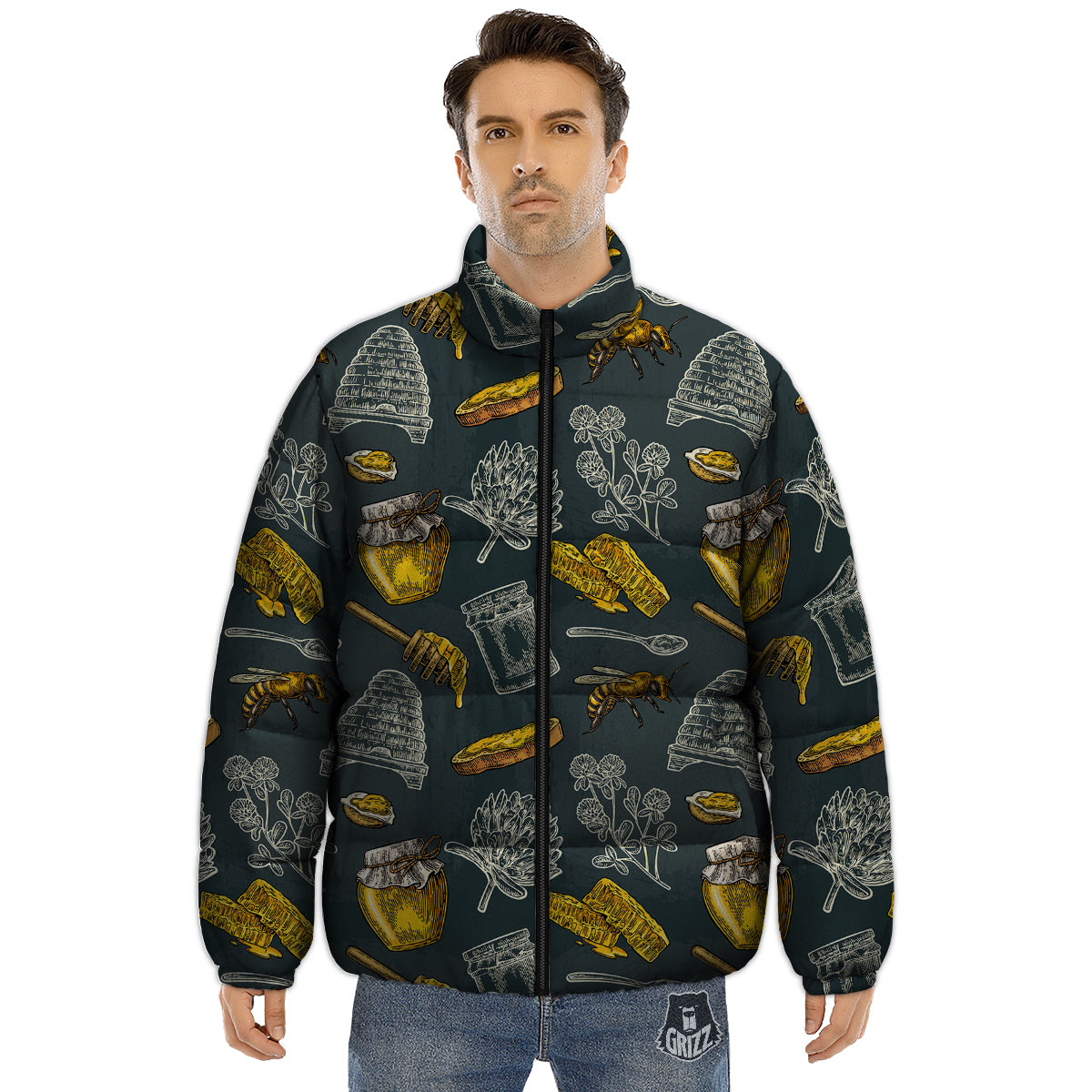 Bee Honey Vintage Print Pattern Puffer Jacket-grizzshop