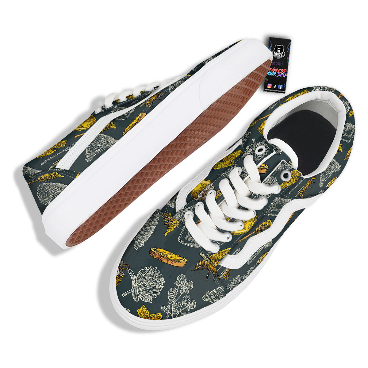 Bee Honey Vintage Print Pattern Skate Shoes-grizzshop