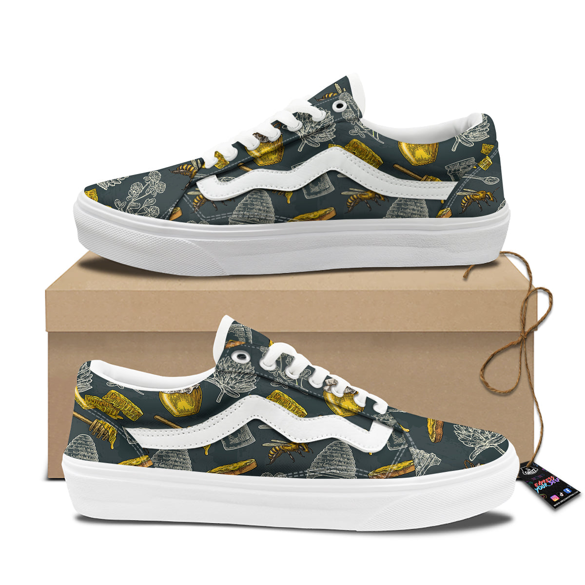 Bee Honey Vintage Print Pattern Skate Shoes-grizzshop