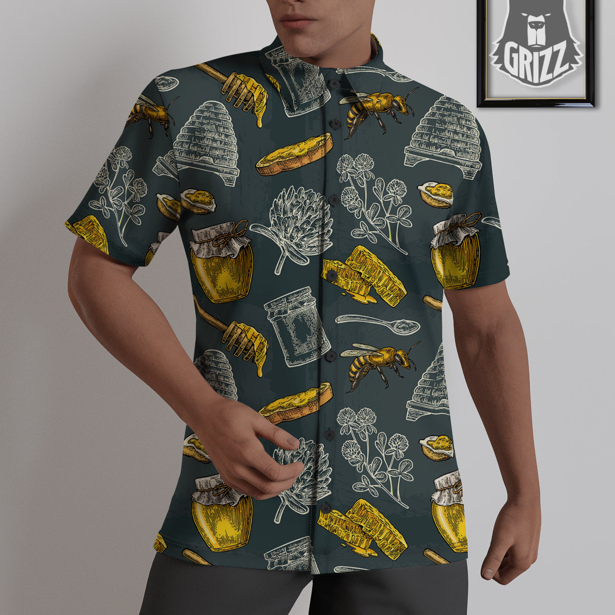 Bee Honey Vintage Print Pattern Untucked Shirts-grizzshop
