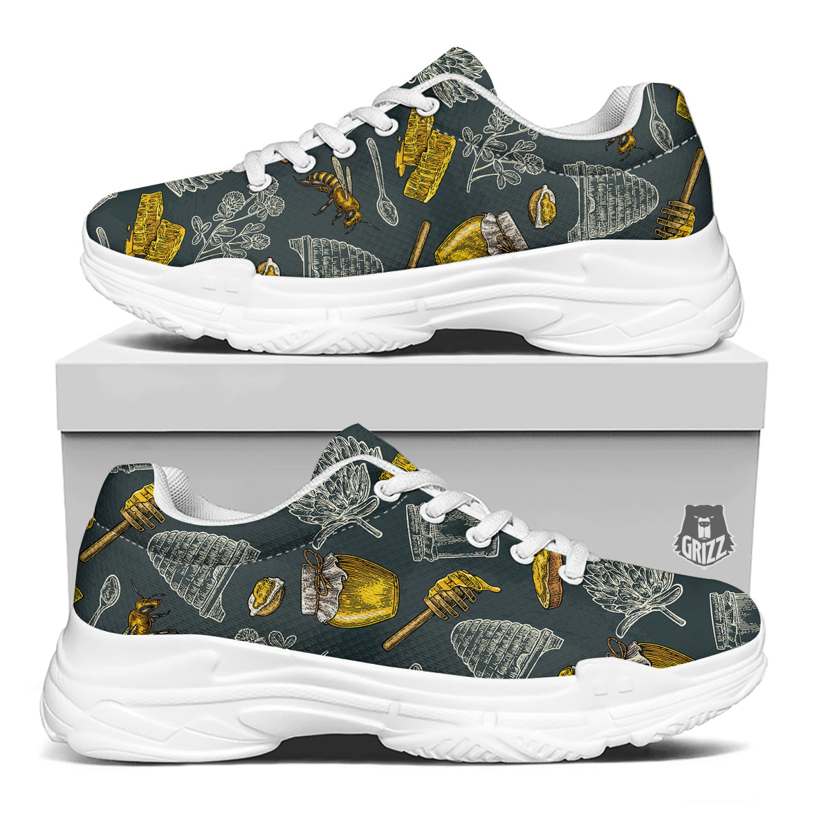 Bee Honey Vintage Print Pattern White Chunky Shoes-grizzshop