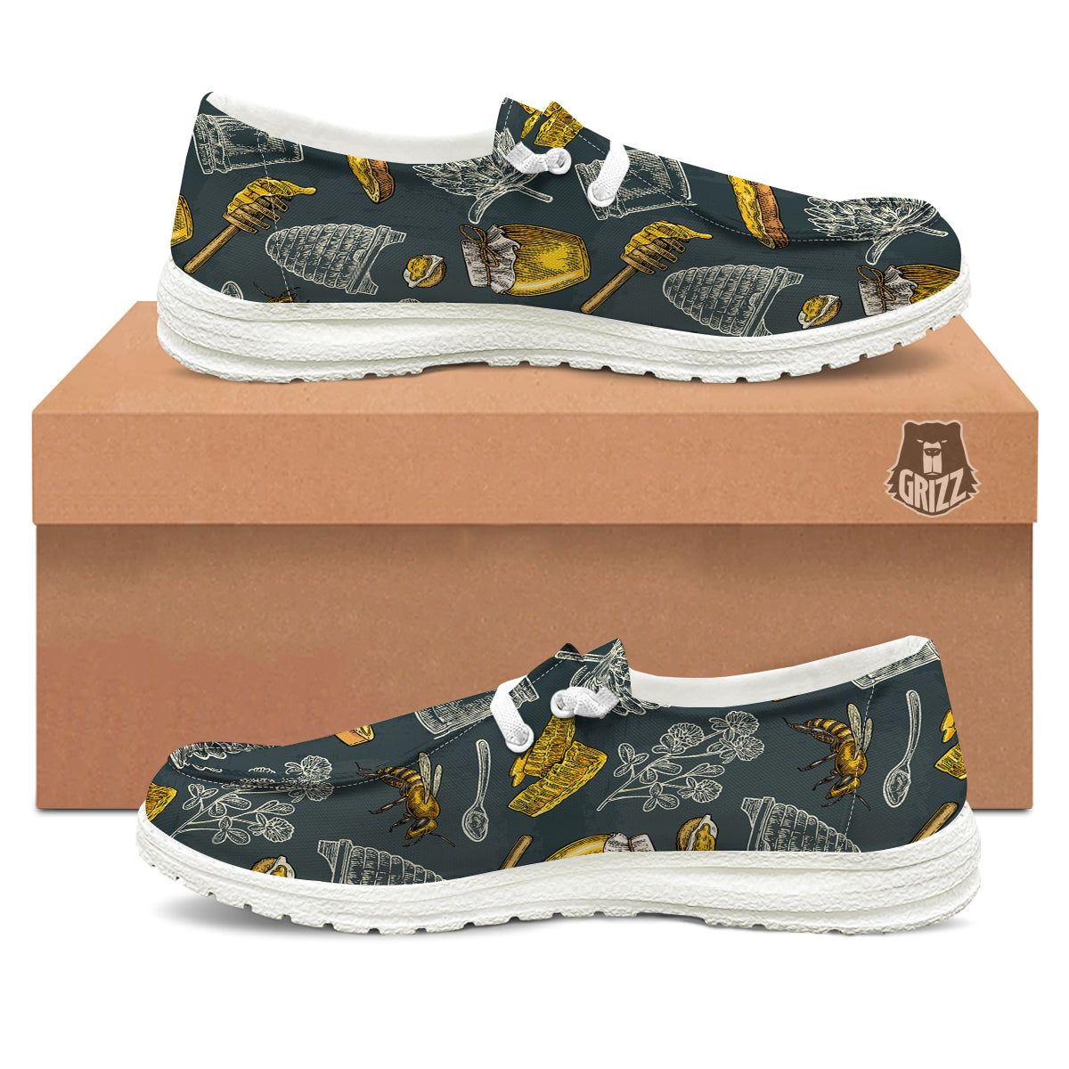 Bee Honey Vintage Print Pattern White Loafers-grizzshop