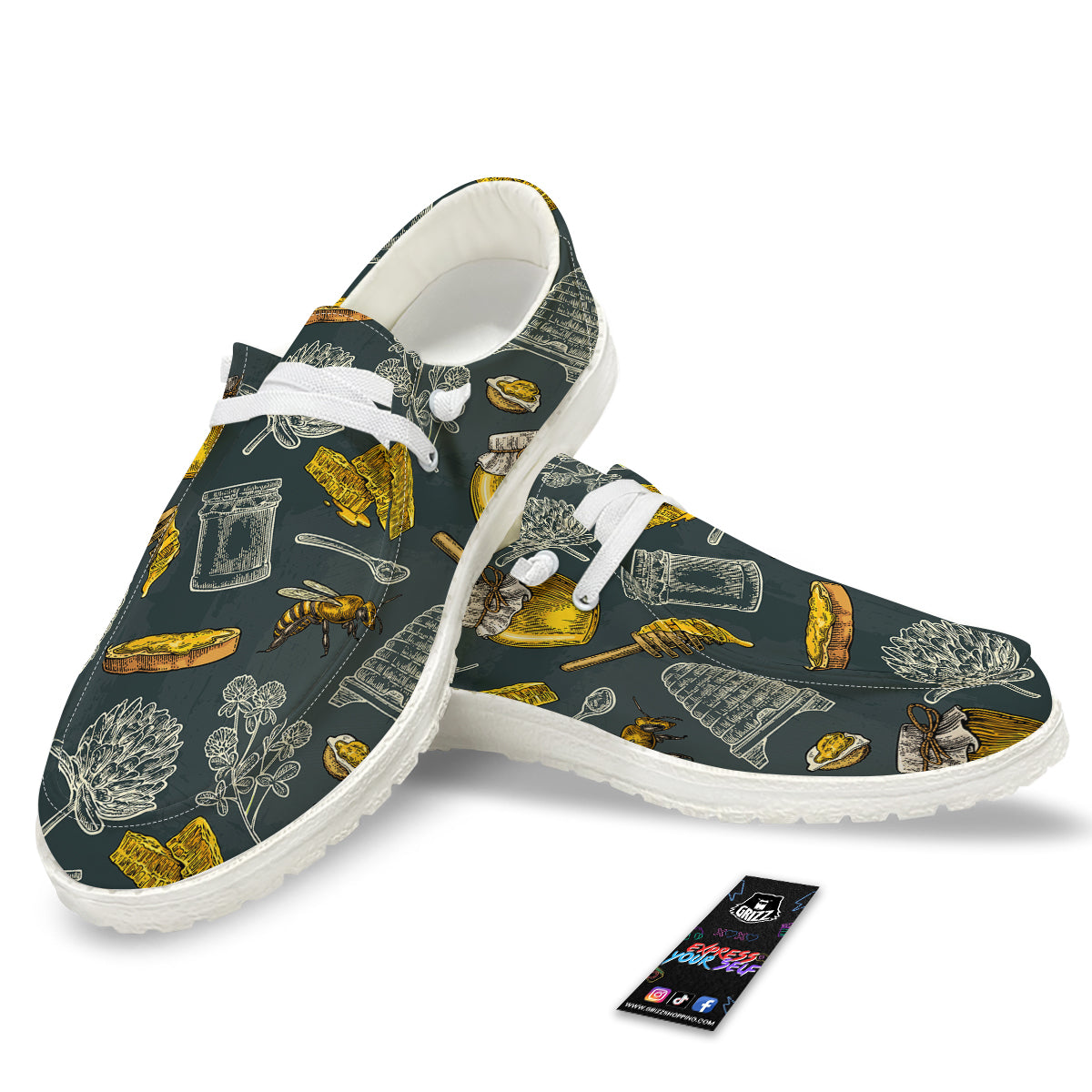 Bee Honey Vintage Print Pattern White Loafers-grizzshop