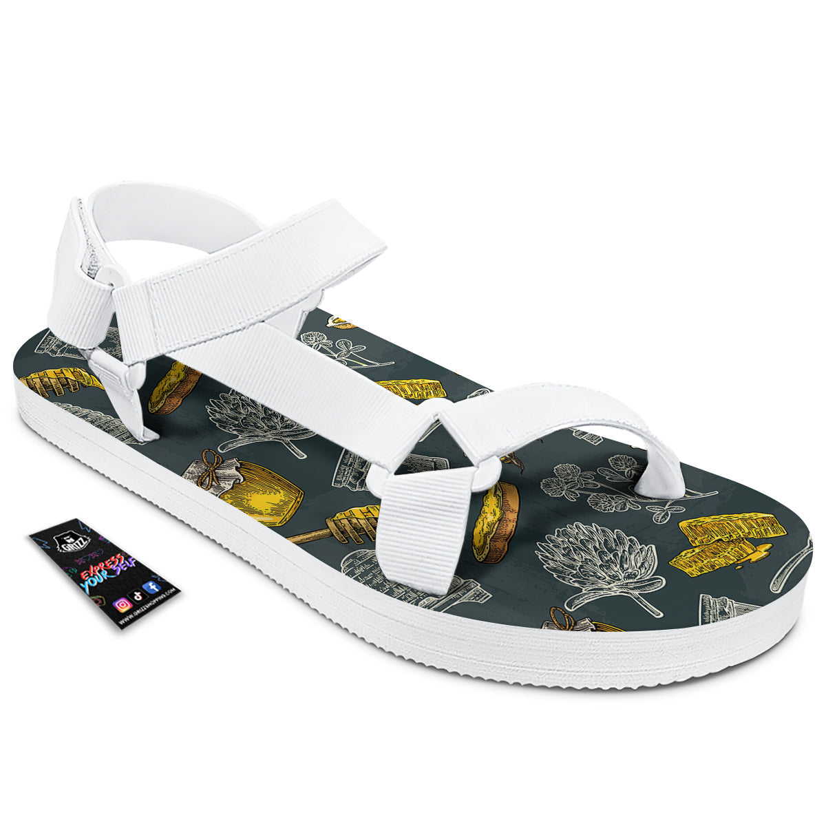 Bee Honey Vintage Print Pattern White Open Toe Sandals-grizzshop