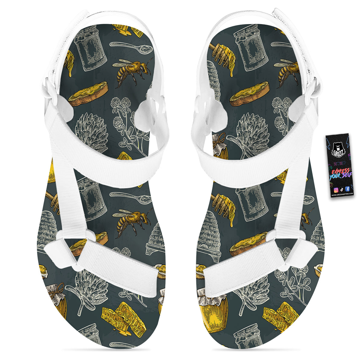 Bee Honey Vintage Print Pattern White Open Toe Sandals-grizzshop