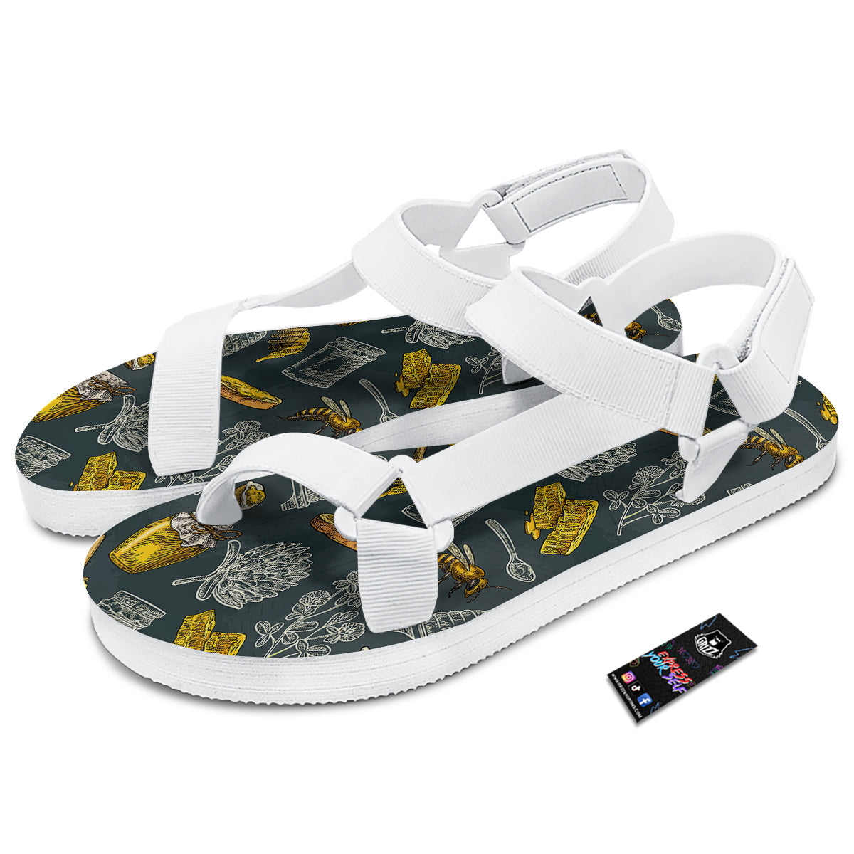 Bee Honey Vintage Print Pattern White Open Toe Sandals-grizzshop