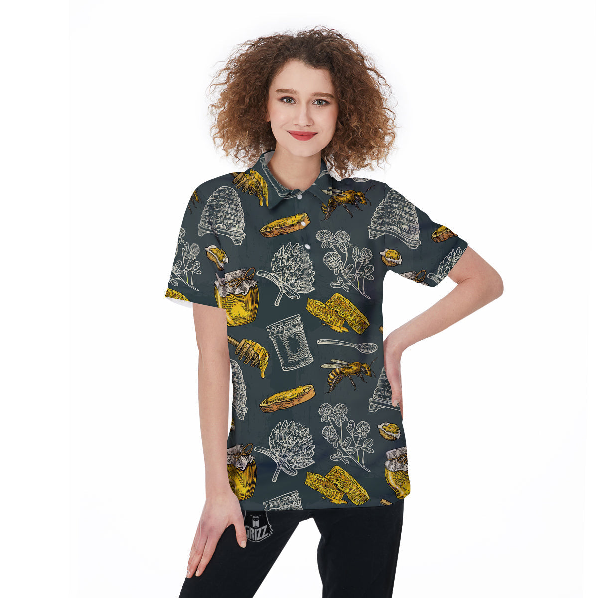 Bee Honey Vintage Print Pattern Women's Golf Shirts-grizzshop