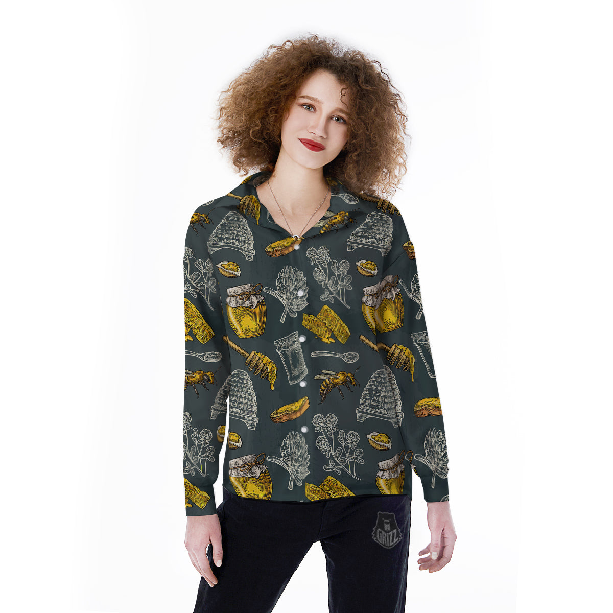 Bee Honey Vintage Print Pattern Women's Long Sleeve Shirts-grizzshop