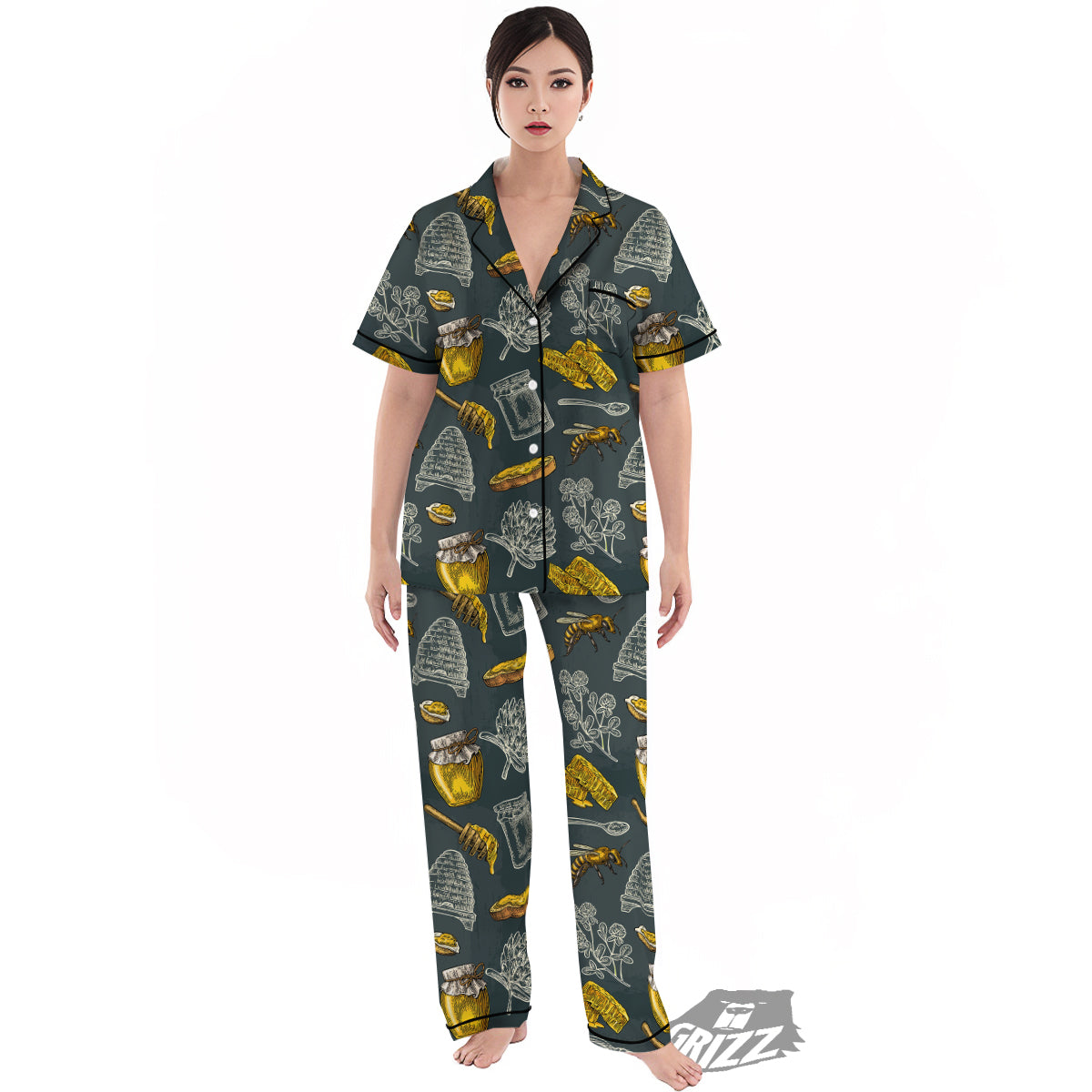 Bee Honey Vintage Print Pattern Women's Pajamas Set-grizzshop