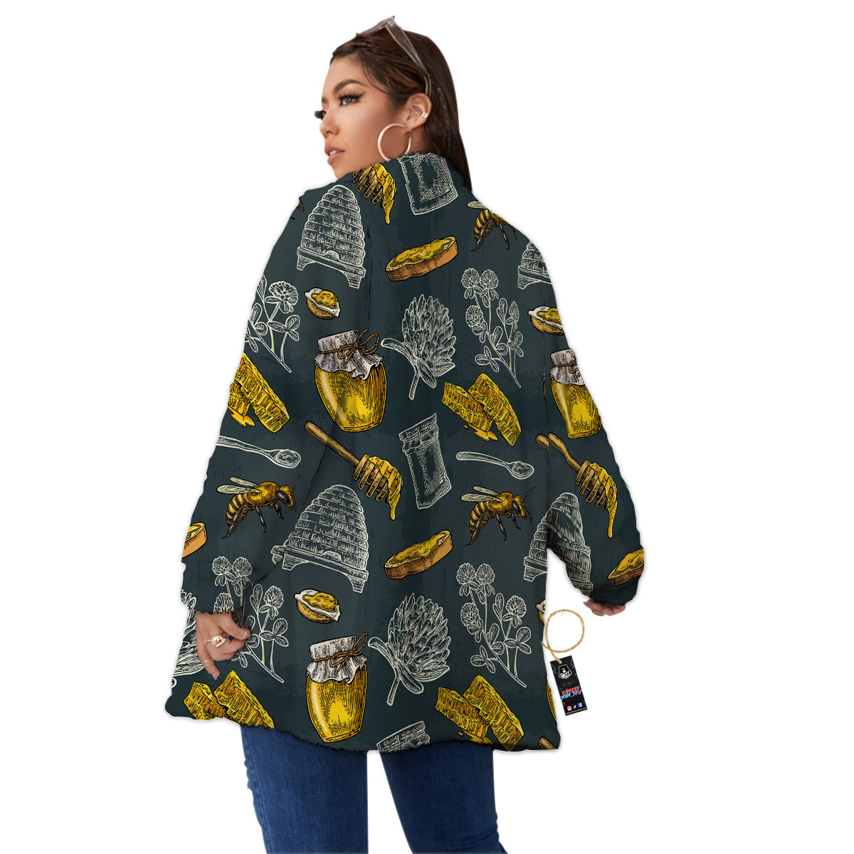 Bee Honey Vintage Print Pattern Women's Sherpa Jacket-grizzshop