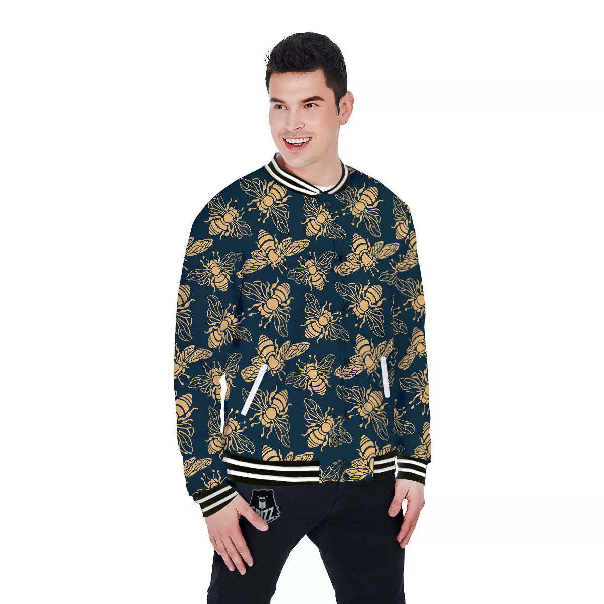 Bee Vintage Print Pattern Baseball Jacket-grizzshop