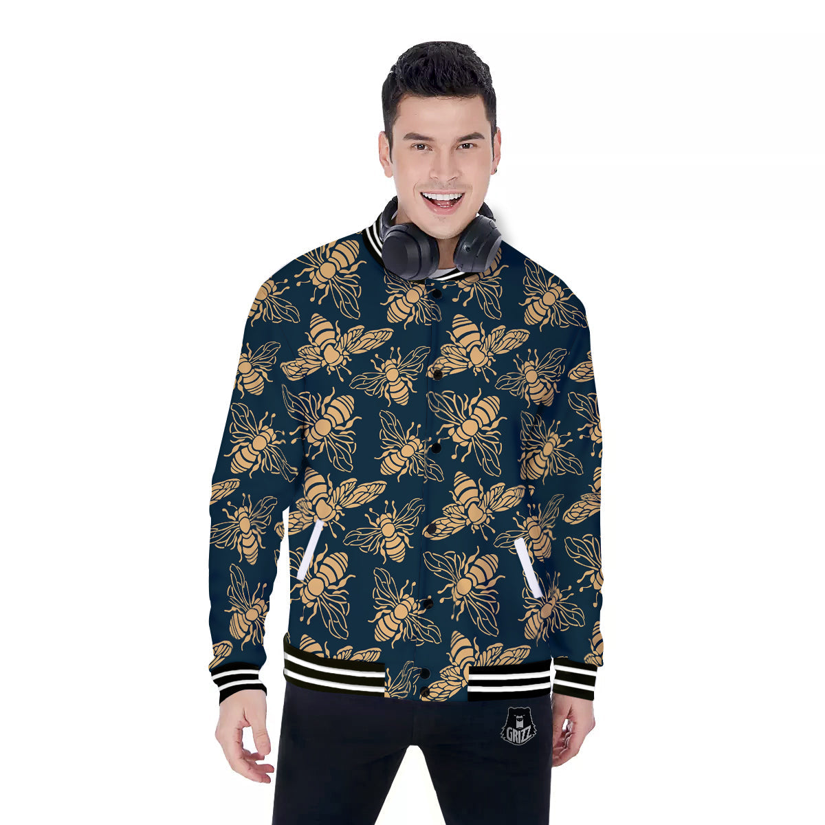 Bee Vintage Print Pattern Baseball Jacket-grizzshop