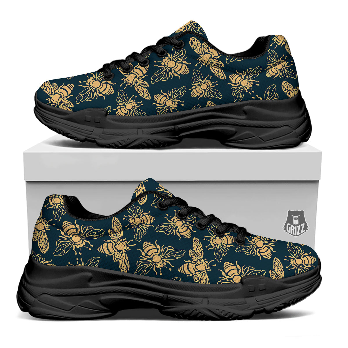 Bee Vintage Print Pattern Black Chunky Shoes-grizzshop