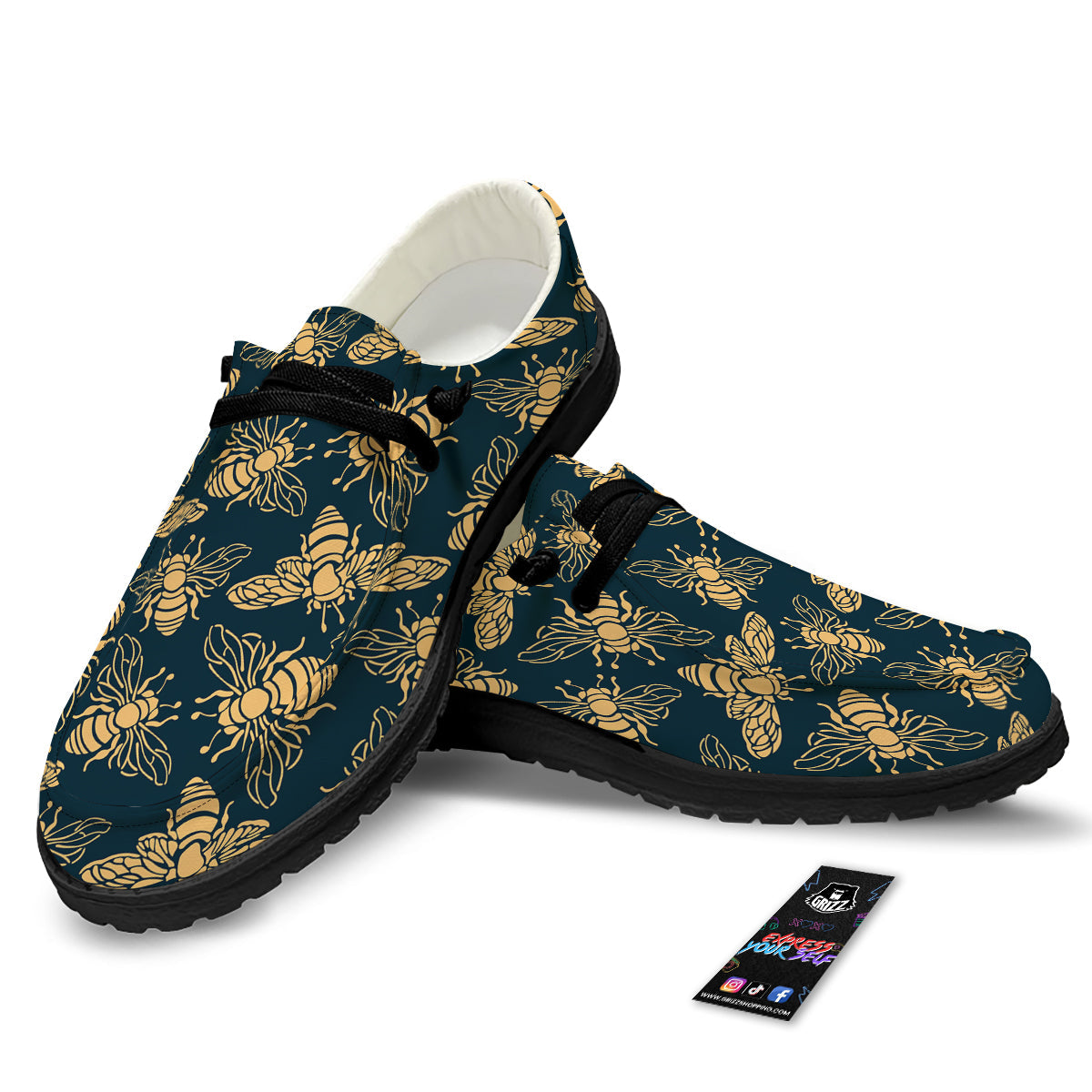 Bee Vintage Print Pattern Black Loafers-grizzshop