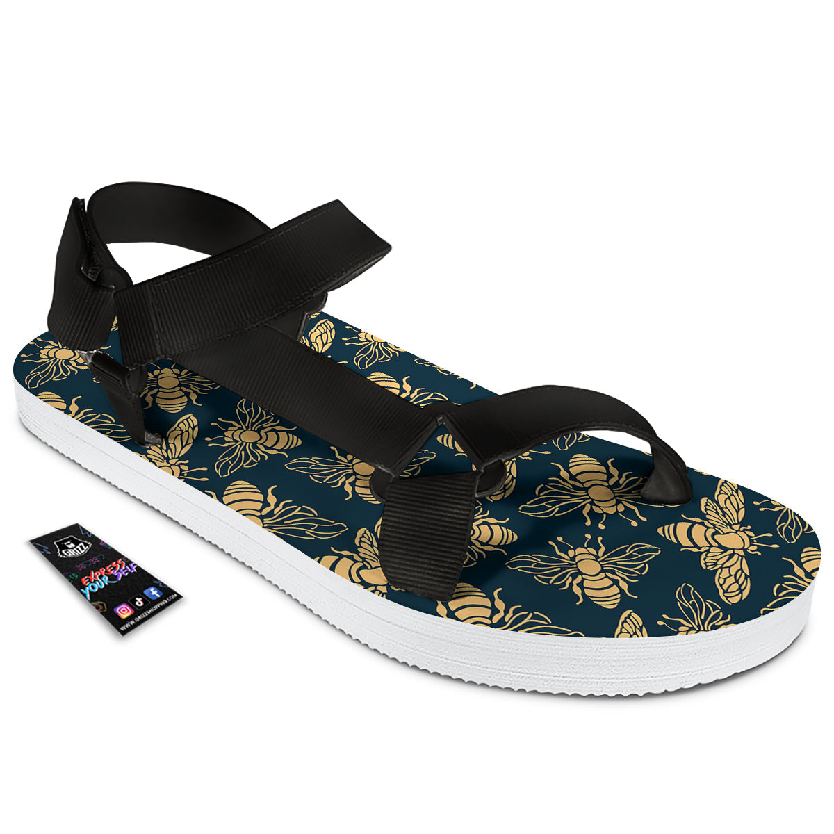 Bee Vintage Print Pattern Black Open Toe Sandals-grizzshop