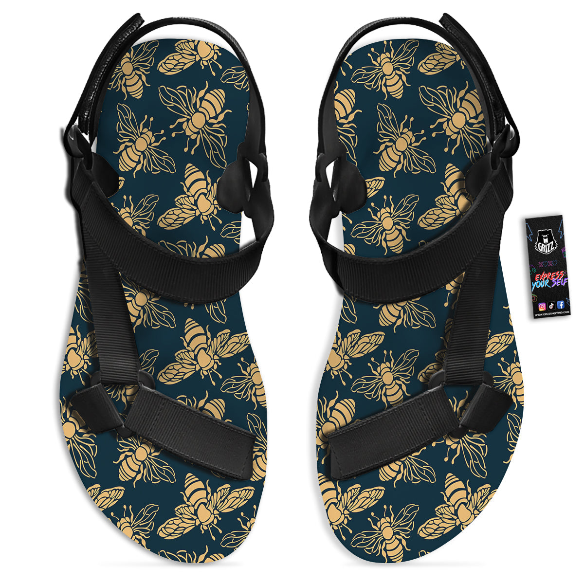 Bee Vintage Print Pattern Black Open Toe Sandals-grizzshop
