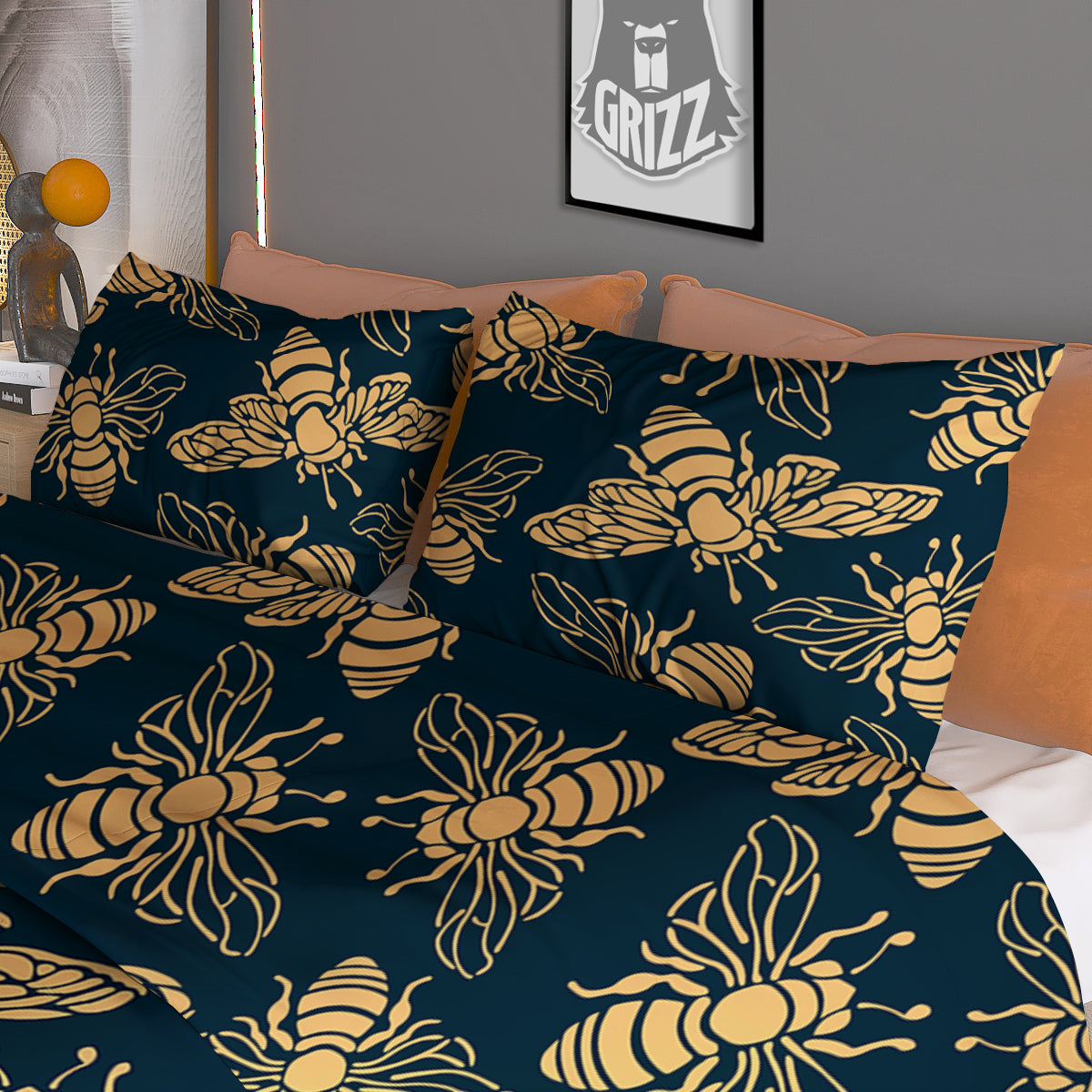 Bee Vintage Print Pattern Duvet Cover Bedding Set