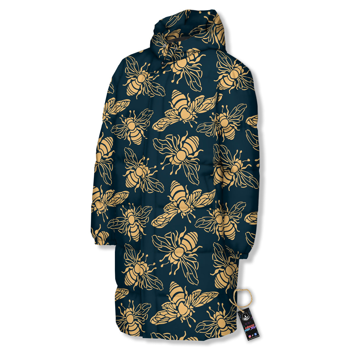 Bee Vintage Print Pattern Long Down Jacket-grizzshop