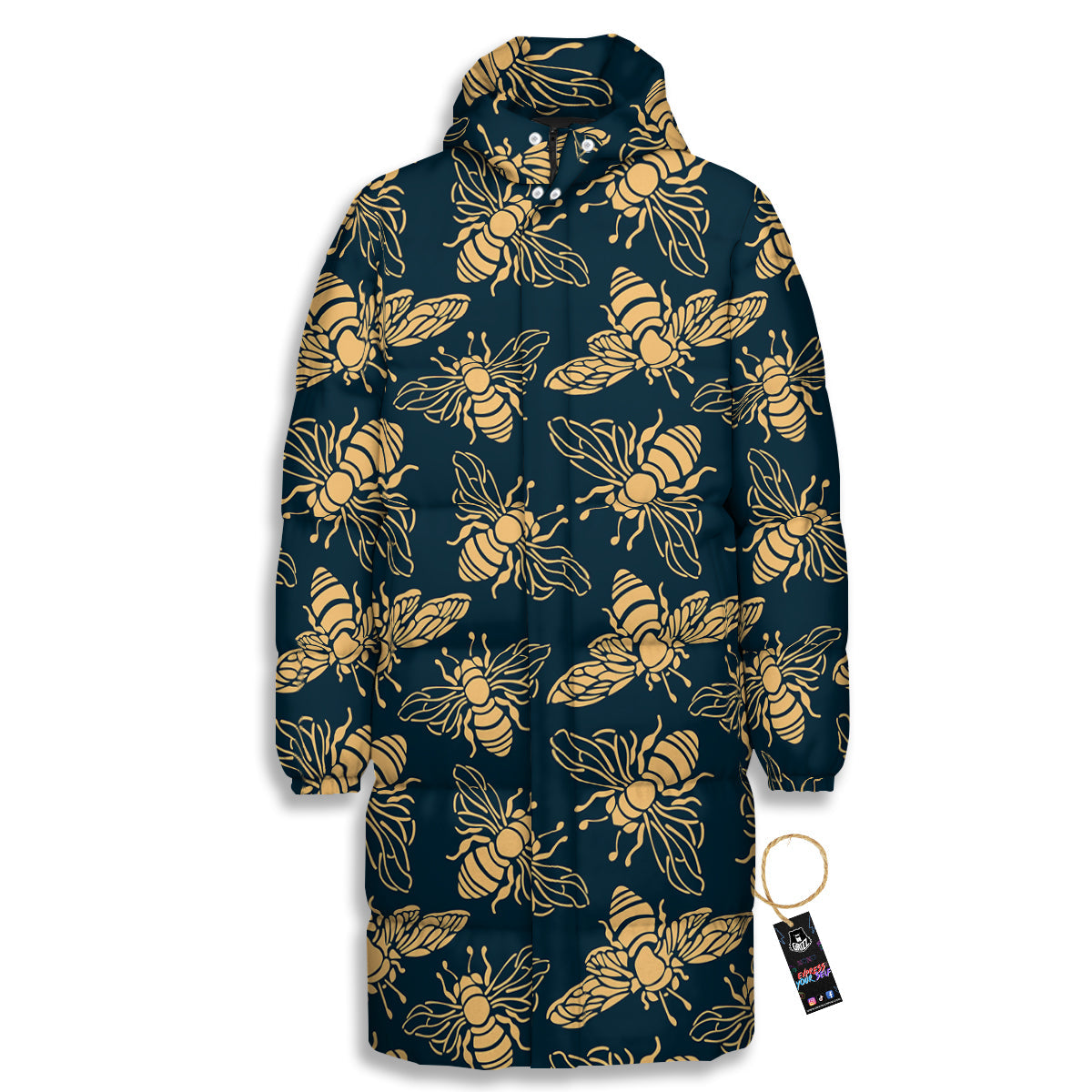 Bee Vintage Print Pattern Long Down Jacket-grizzshop