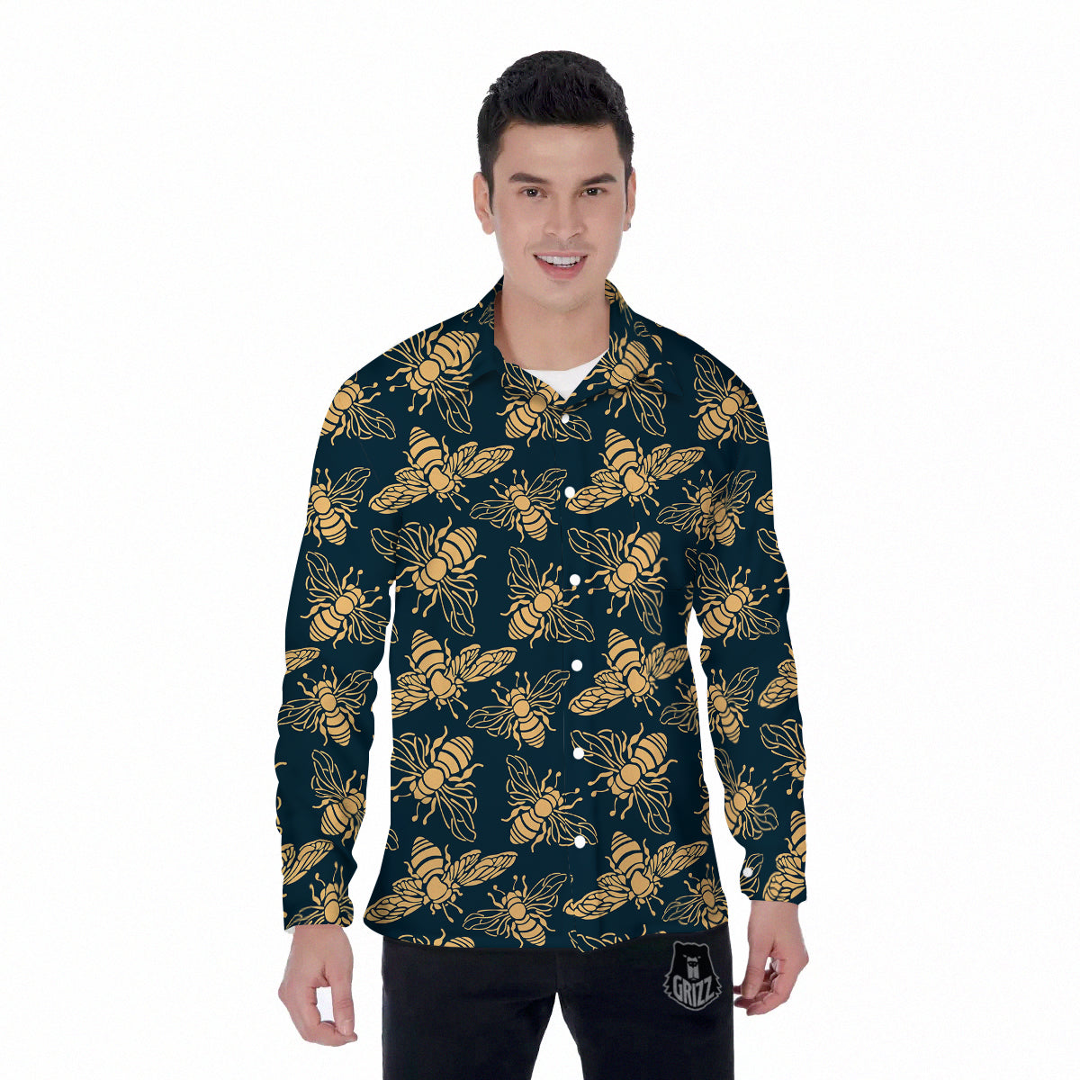 Bee Vintage Print Pattern Men's Long Sleeve Shirts-grizzshop