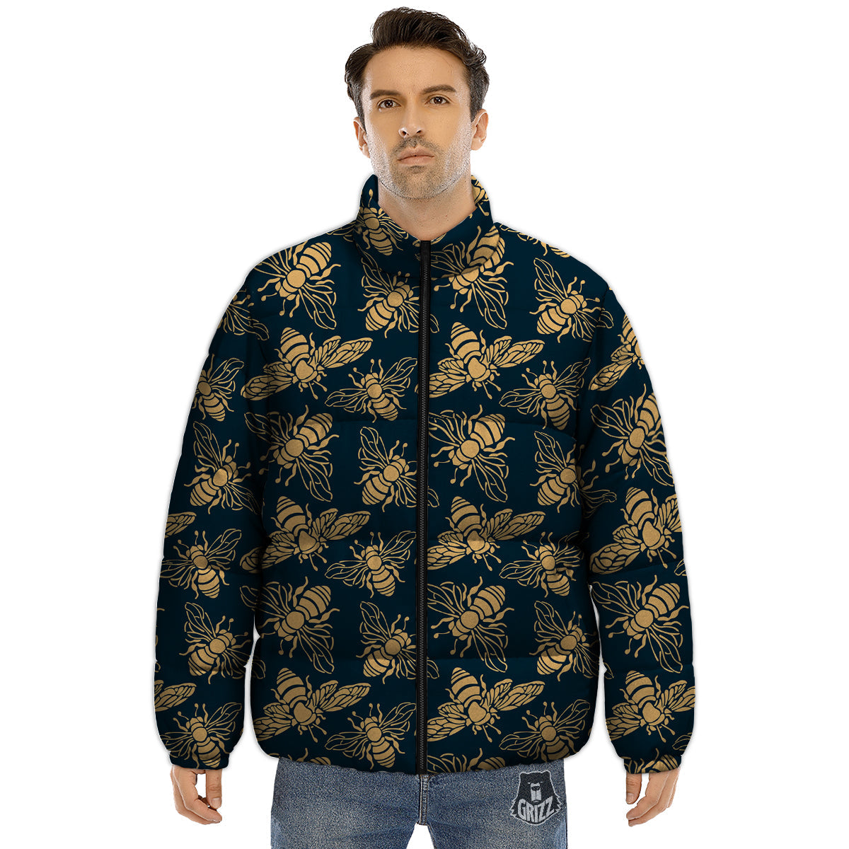 Bee Vintage Print Pattern Puffer Jacket-grizzshop
