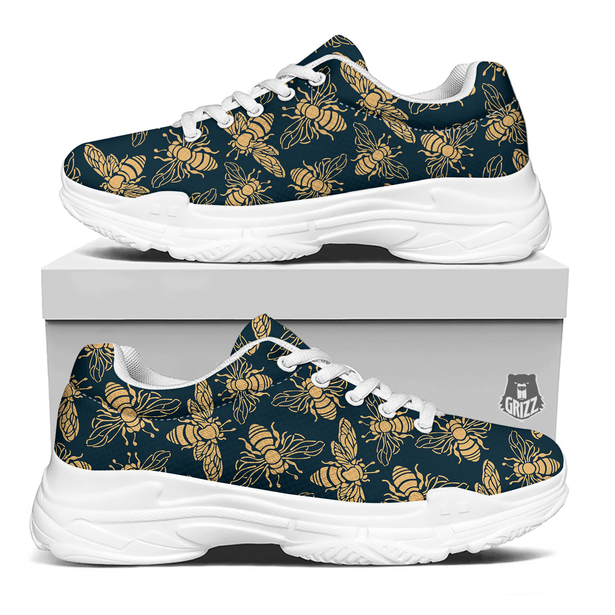 Bee Vintage Print Pattern White Chunky Shoes-grizzshop