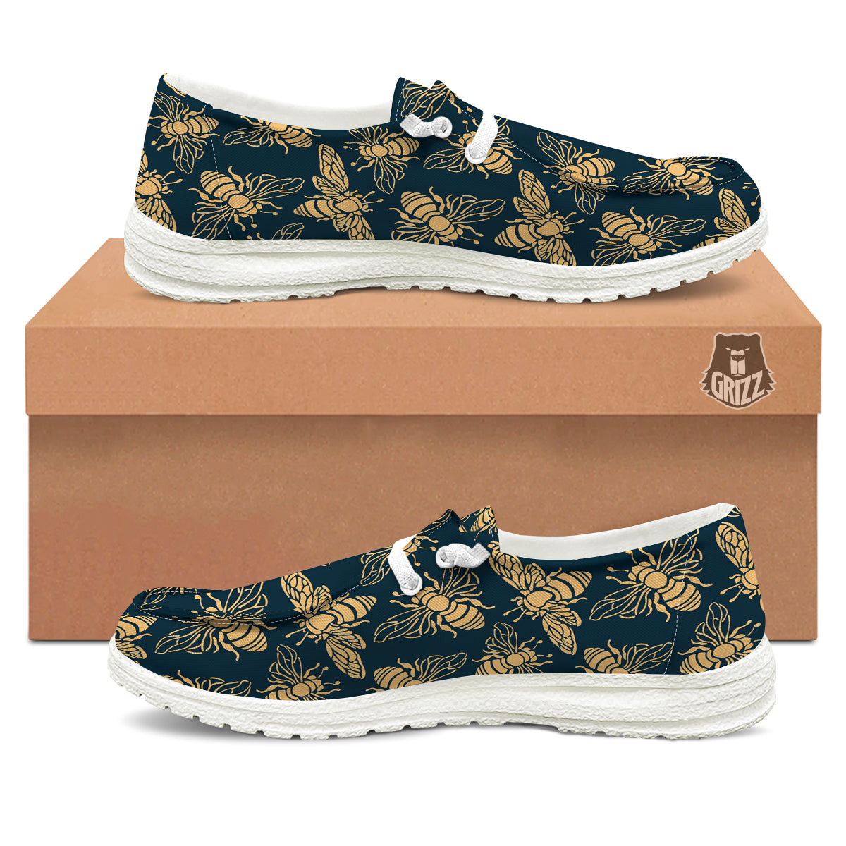 Bee Vintage Print Pattern White Loafers-grizzshop