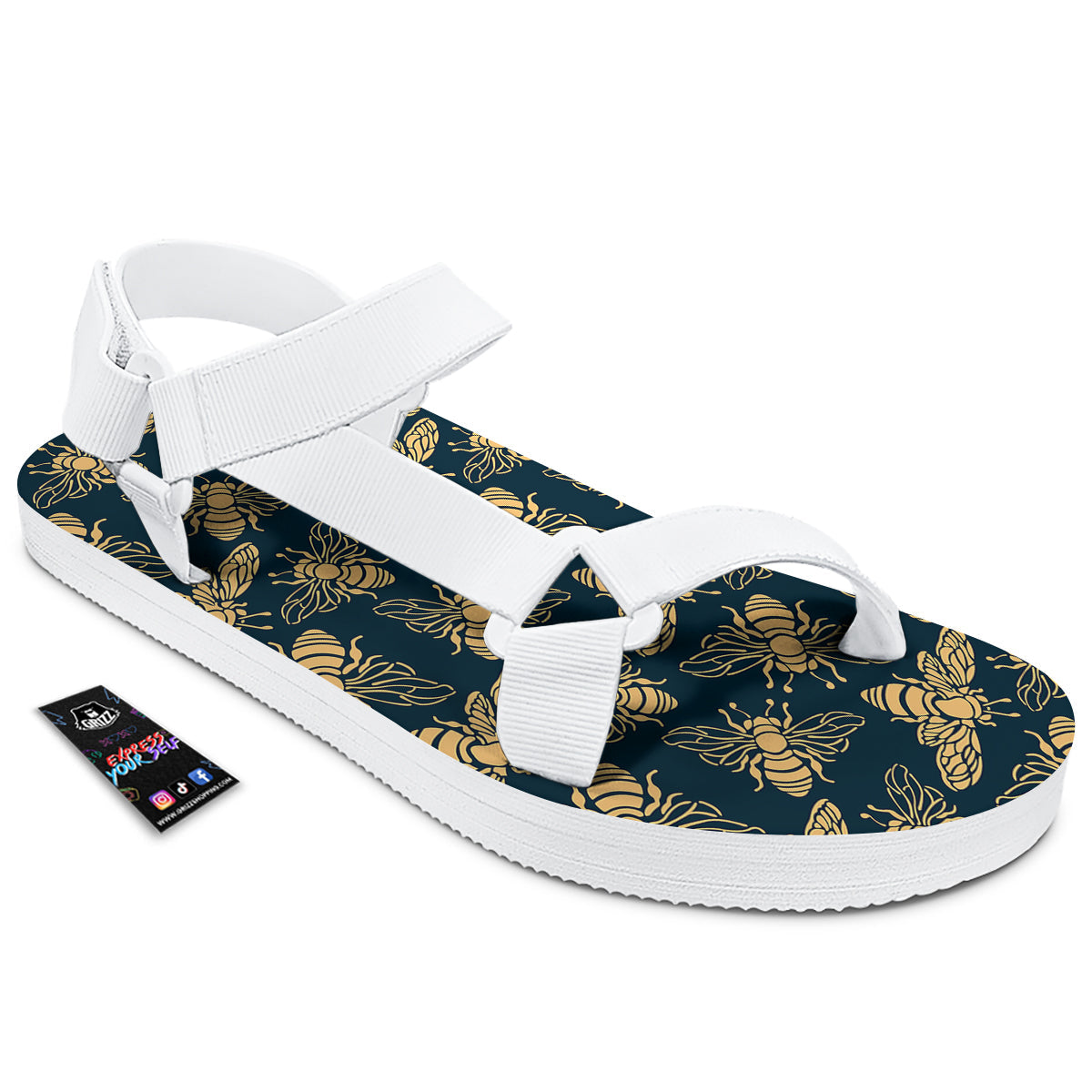 Bee Vintage Print Pattern White Open Toe Sandals-grizzshop